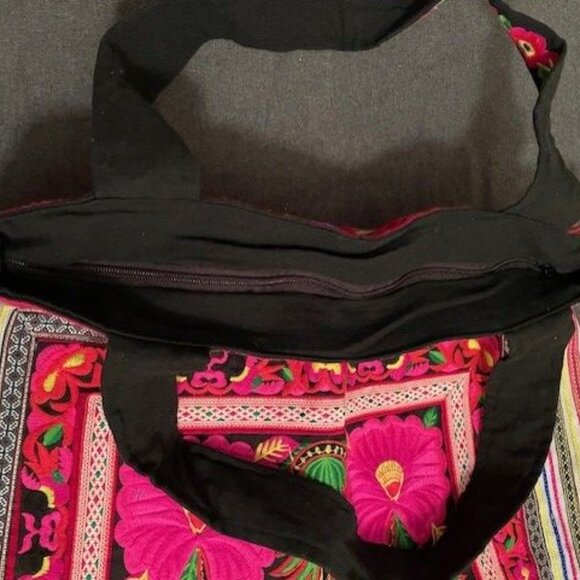 Large Mexican Tote Bag with Bright Pink Embroidered Floral Designs - Picture 3 of 5